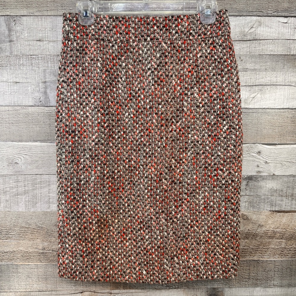 J.Crew Womens Classic Tweed Pencil Skirt Virgin Wool Blend Brown Orange Size 0